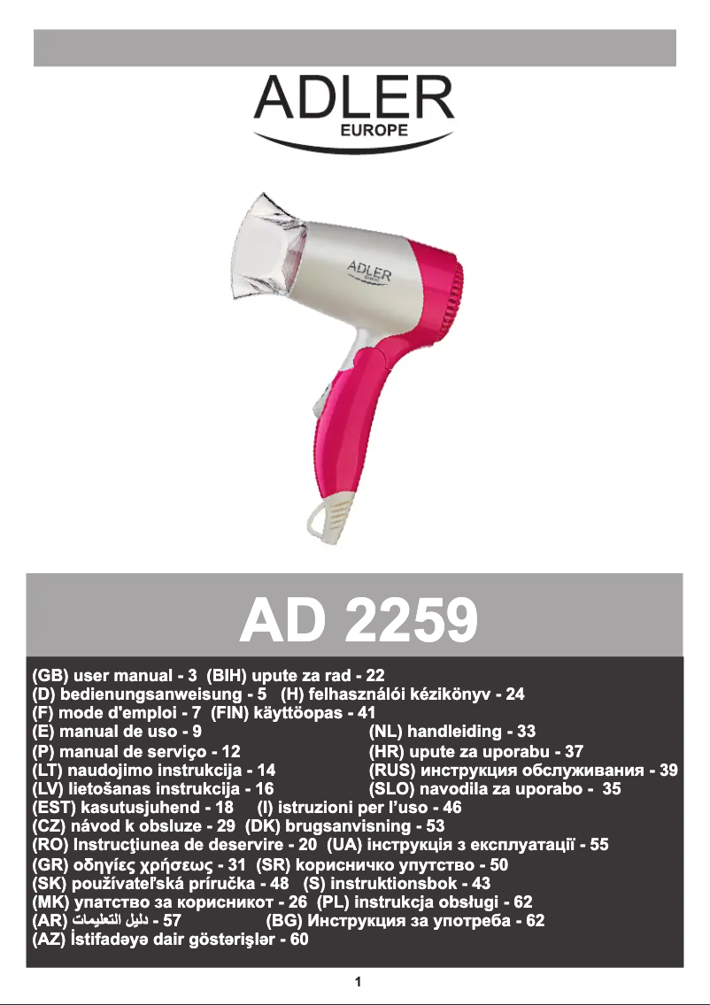 Page 1 de la notice Manuel utilisateur Adler AD 2259