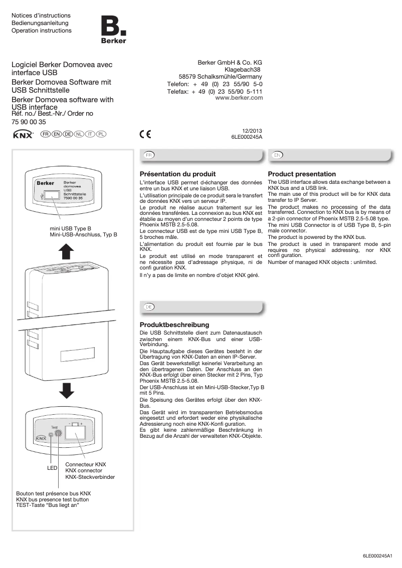 Page 1 de la notice Manuel utilisateur Berker 75900035
