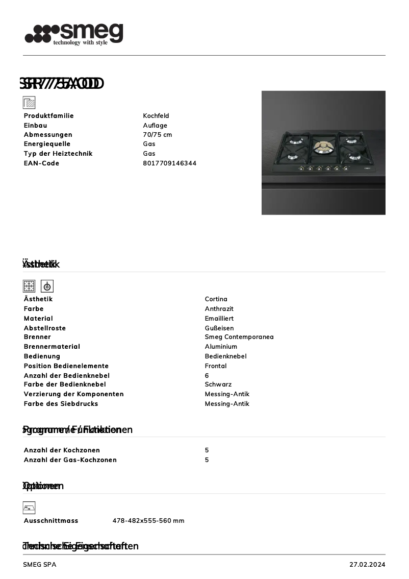 Page 1 de la notice Fiche technique Smeg SR775AOD