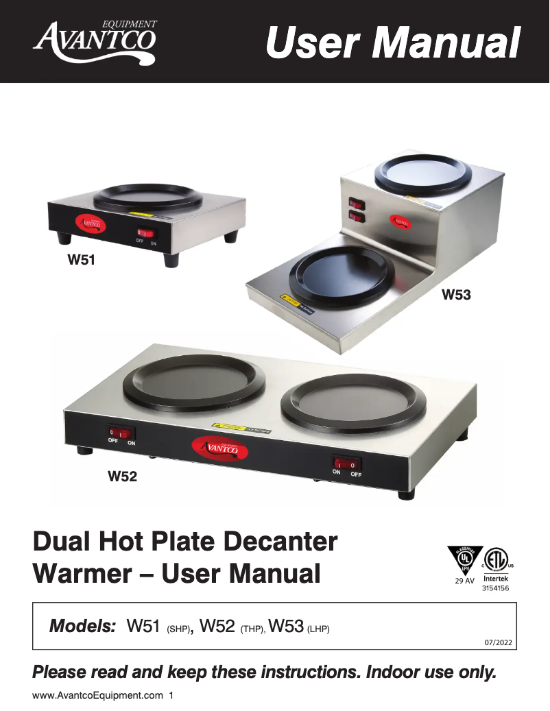 Page 1 de la notice Manuel utilisateur Avantco W52