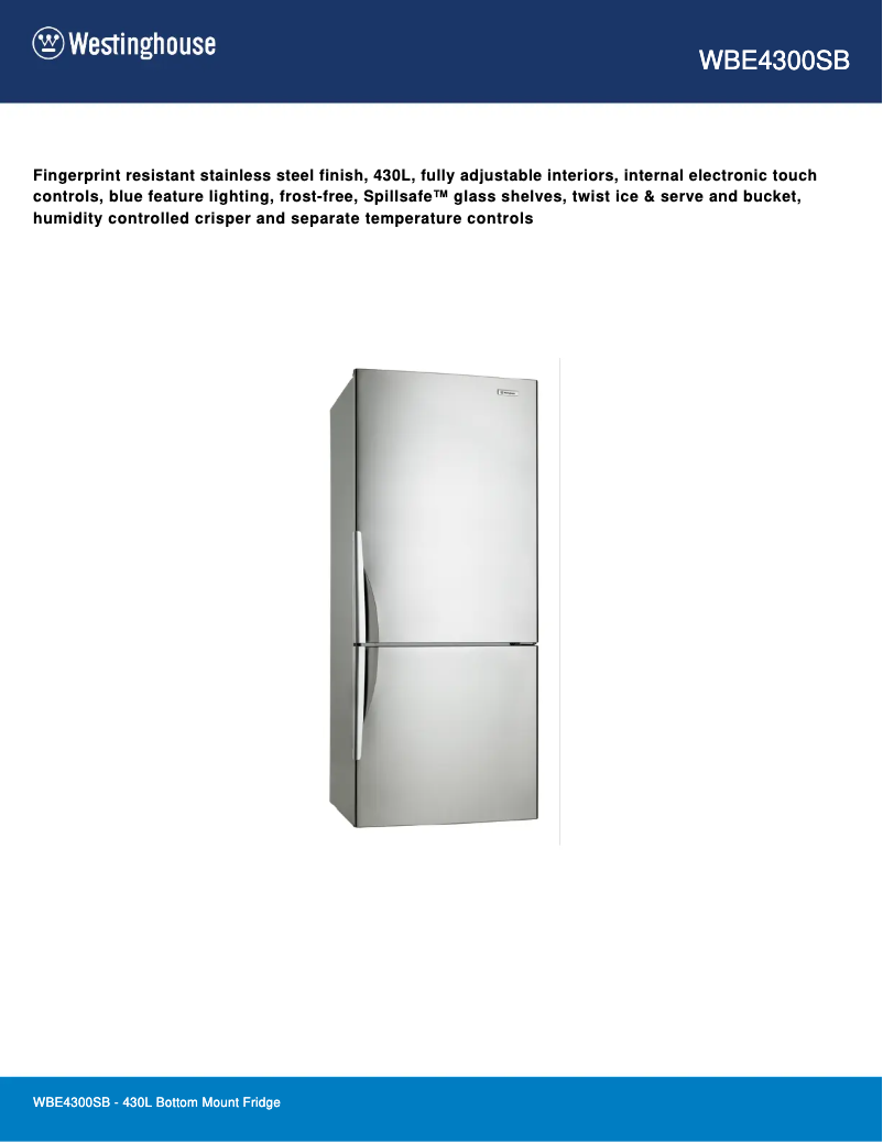 Page 1 de la notice Fiche technique Westinghouse WBE4300SB