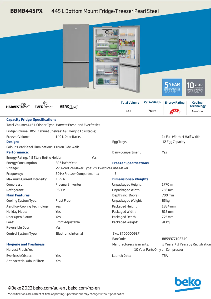 Page 1 de la notice Fiche technique Beko BBMB445PX