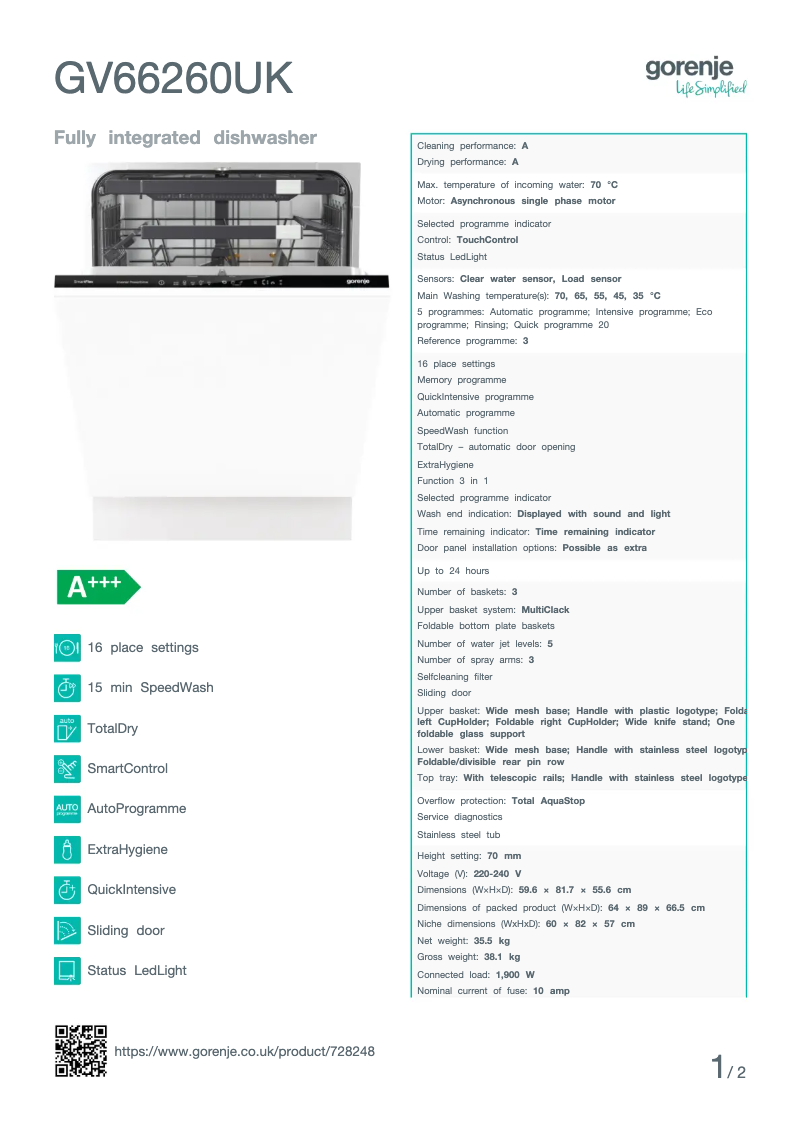 Page n°1 - Fiche technique Gorenje GV66260UK