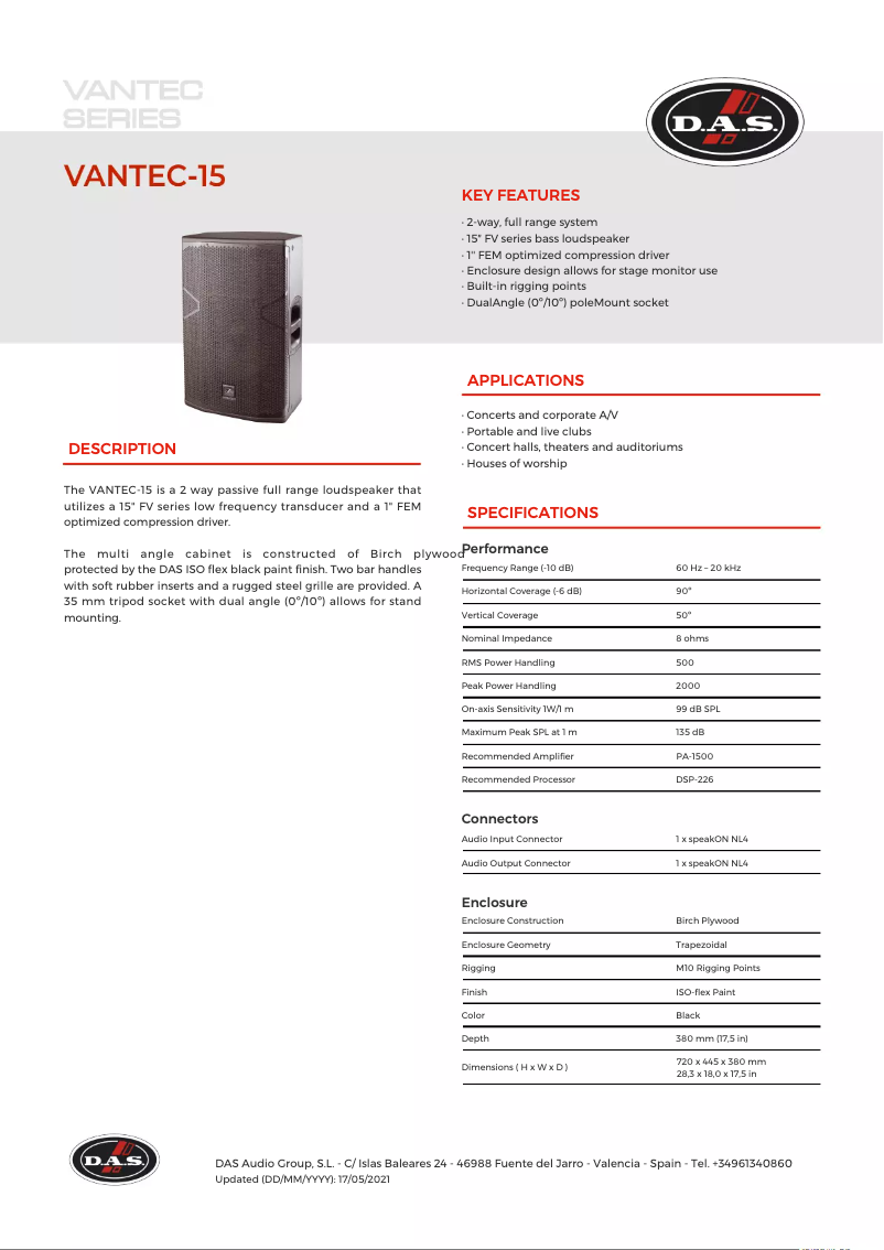 Page 1 de la notice Fiche technique DAS Audio Vantec-15