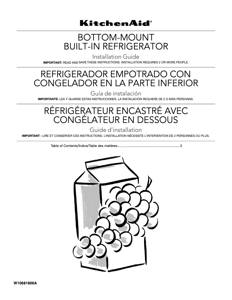 Page n°1 - Guide d'installation KitchenAid KBFN502EPA
