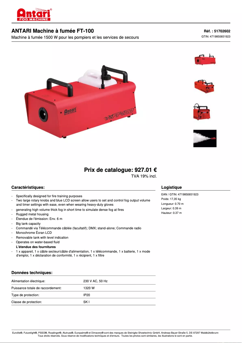 Page 1 de la notice Fiche technique Antari FT-100