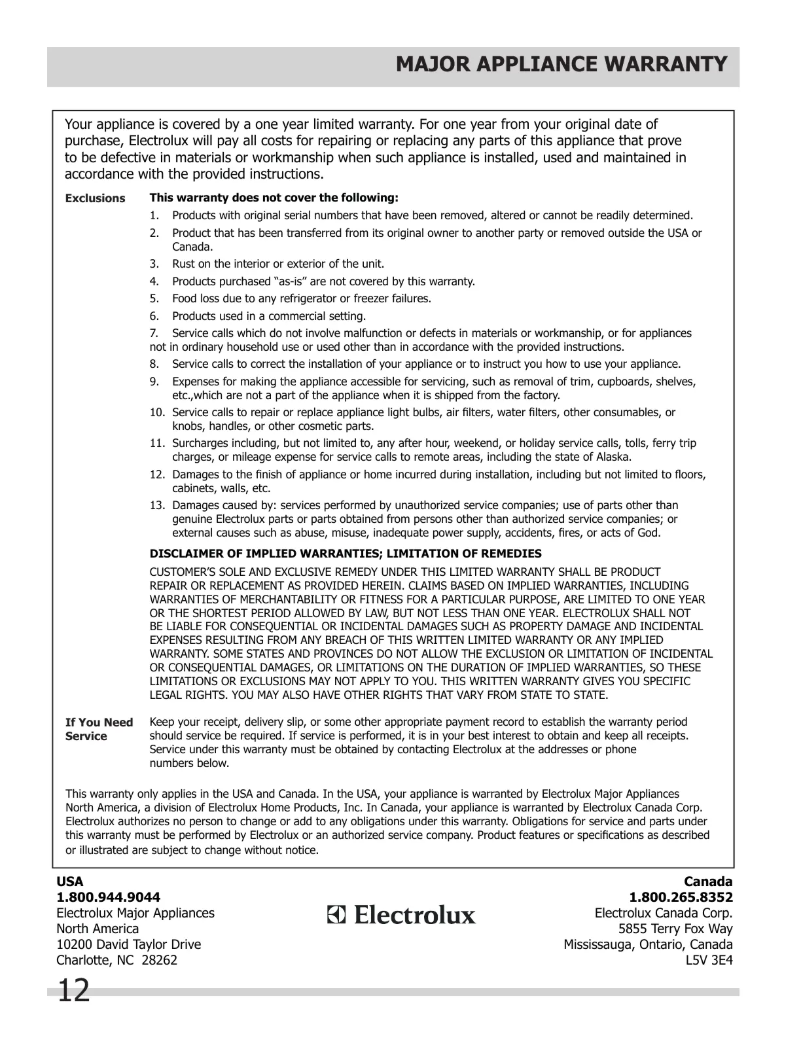 Page n°1 - Informations de garantie Frigidaire FFBC4622QS