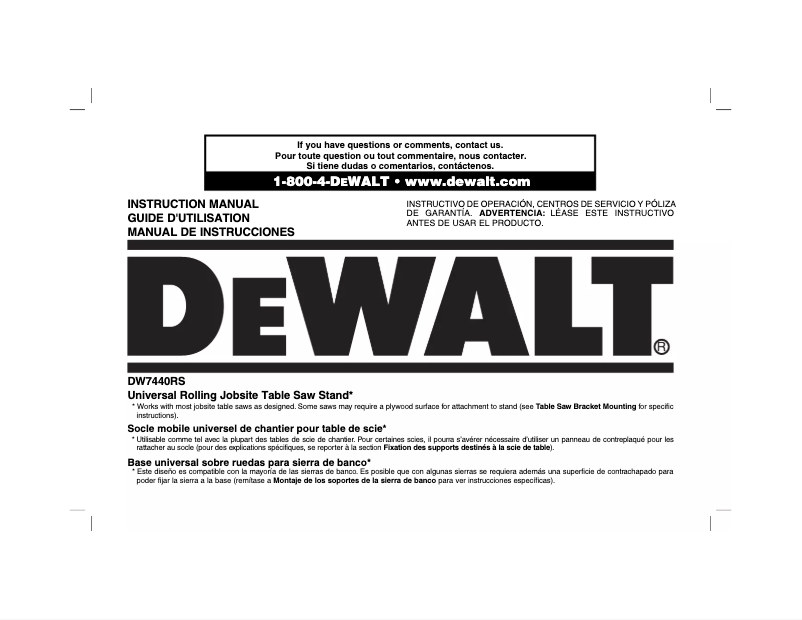 Page n°1 - Manuel utilisateur DeWalt DW7440RS