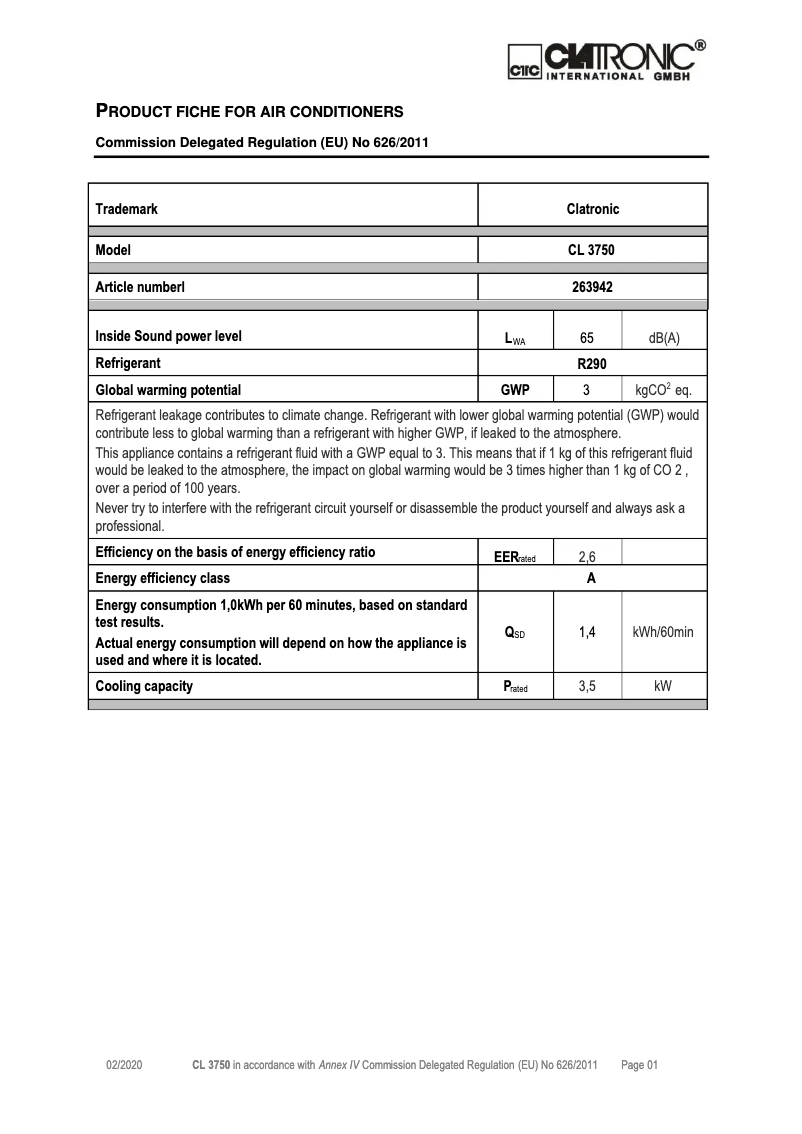 Página 1 del manual Ficha técnica Clatronic CL 3750