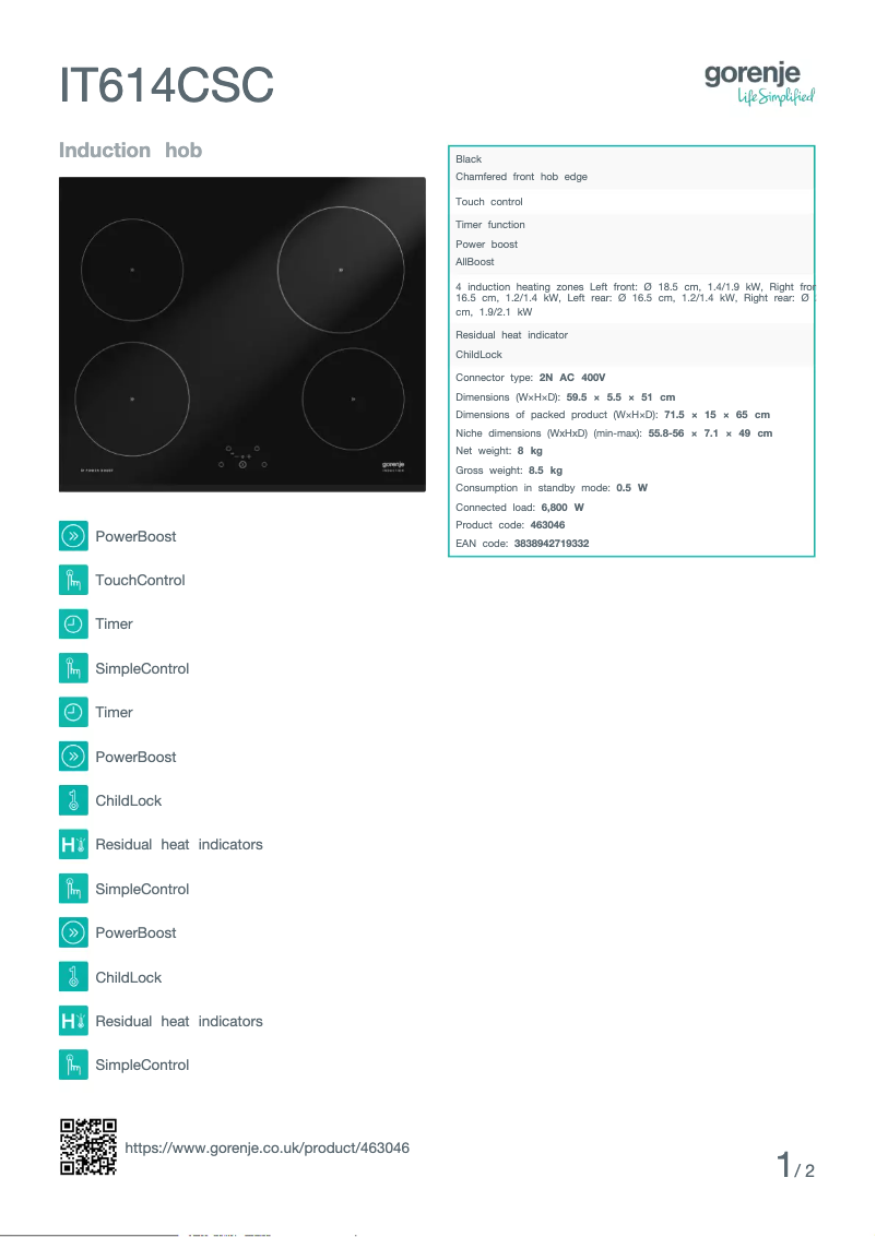 Page n°1 - Fiche technique Gorenje IT614CSC