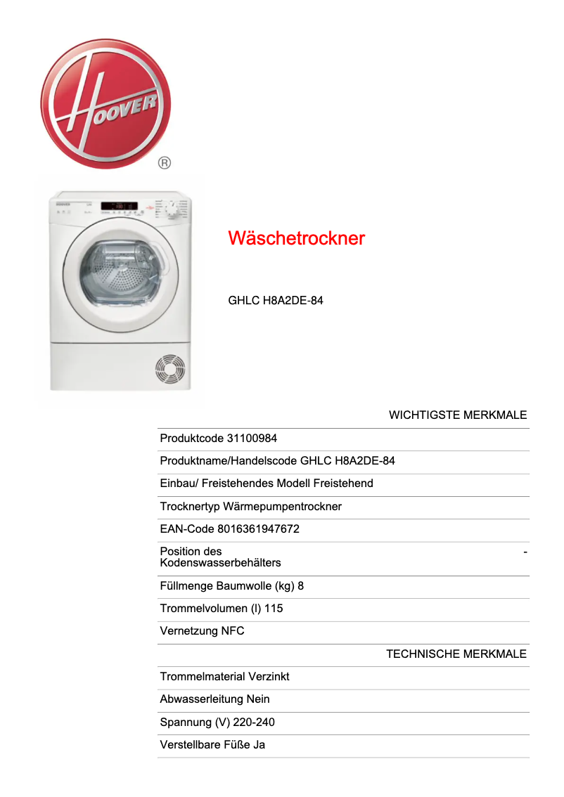 Page n°1 - Manuel utilisateur Hoover GHLC H8A2DE-84