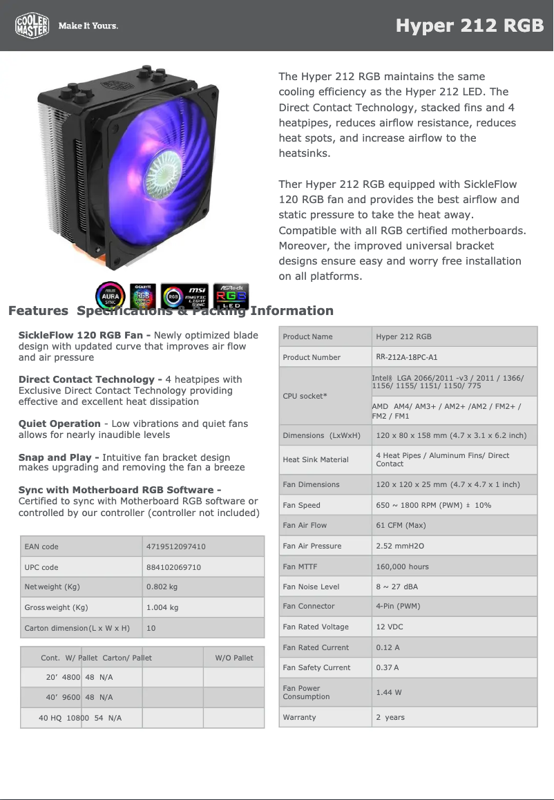 Image de la première page du manuel de l'appareil Hyper 212 RGB