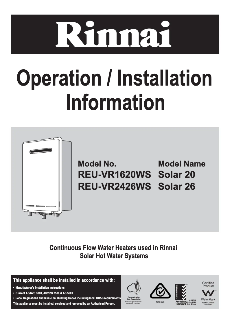 Page n°1 - Manuel utilisateur Rinnai Solar Gas Boosters S26 REU-VR2426W