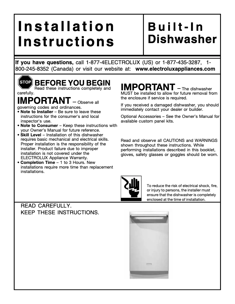 Page n°1 - Guide d'installation Electrolux EIDW1805KS