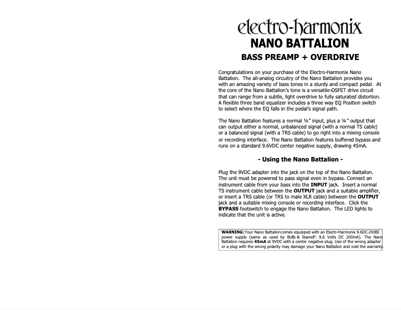 Page 1 de la notice Manuel utilisateur Electro Harmonix Nano Battalion