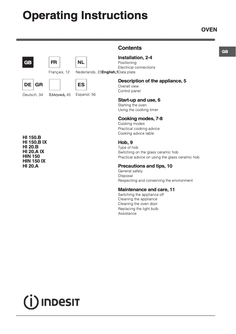 Page 1 de la notice Manuel utilisateur Indesit HIN 150 IX