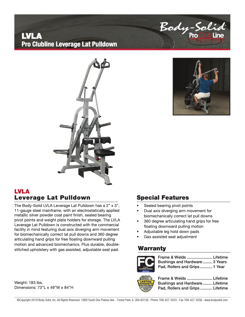 Page 1 de la notice Fiche technique Body-Solid LVLA
