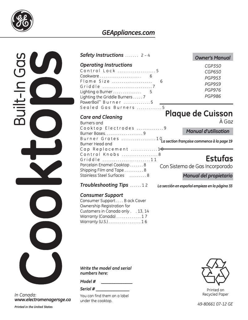 Page n°1 - Mode d'emploi GE Profile PGP953DETWW