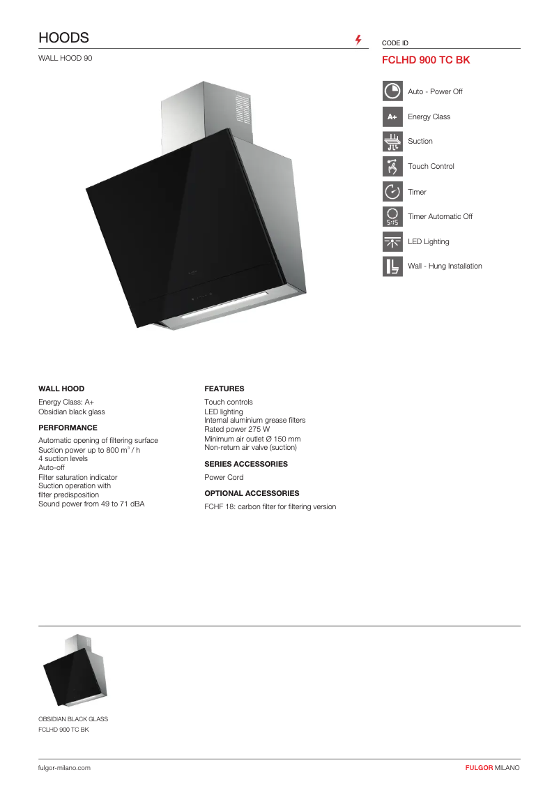 Page 1 de la notice Fiche technique Fulgor Milano FCLHD 900 TC BK