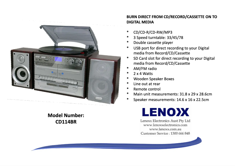 Page 1 de la notice Fiche technique Lenoxx CD114BR