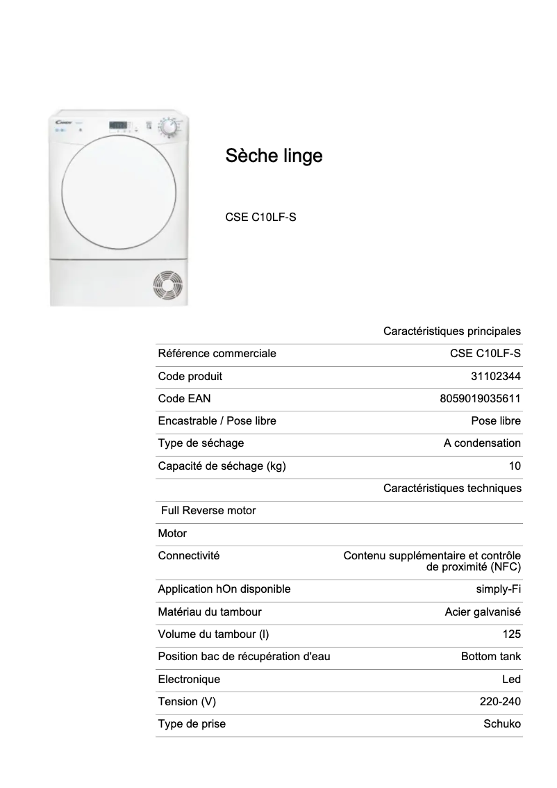 Page 1 de la notice Fiche technique Candy CSE C10LF-S