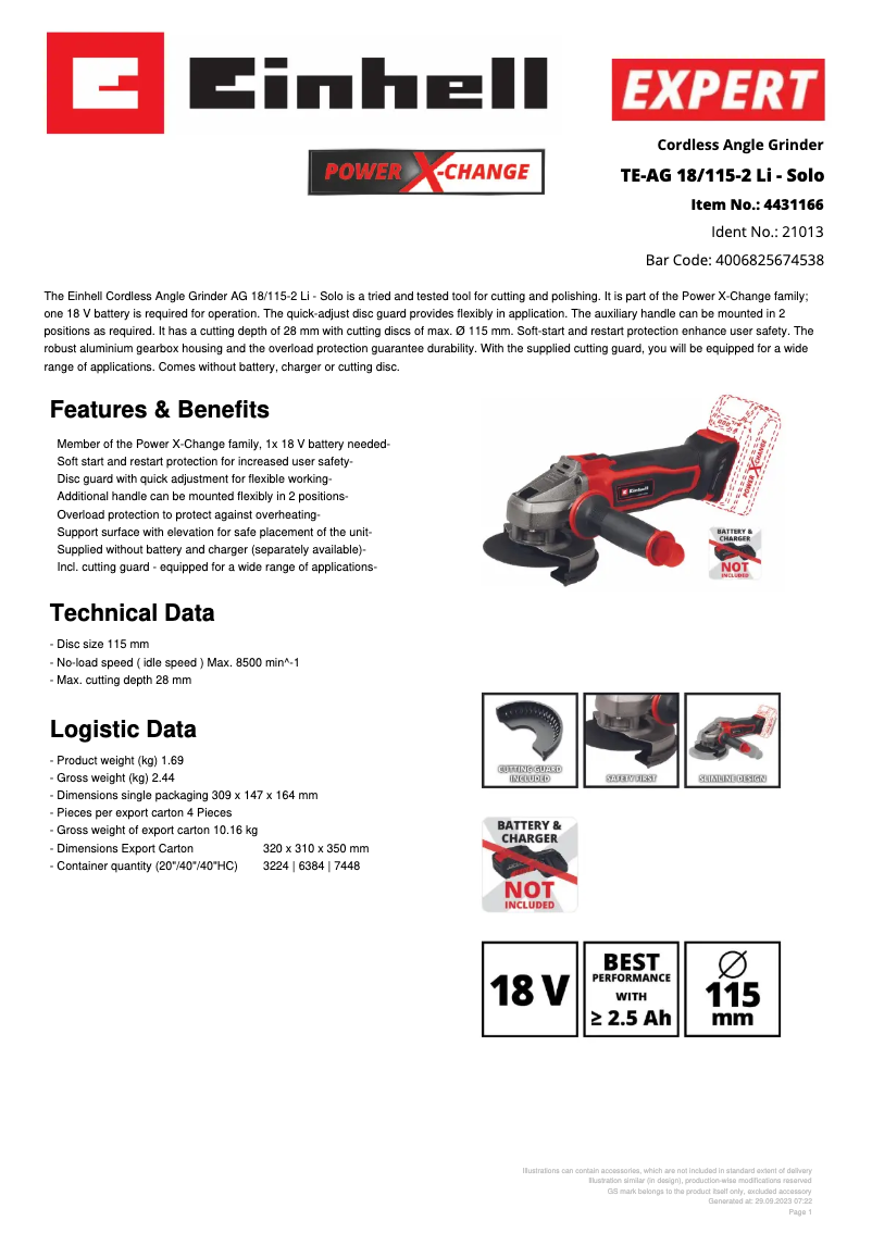 Page 1 de la notice Fiche technique Einhell TE-AG 18/115-2 Li