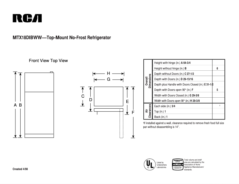 Page 1 of the manual Technical Sheet RCA MTX18DIBWW