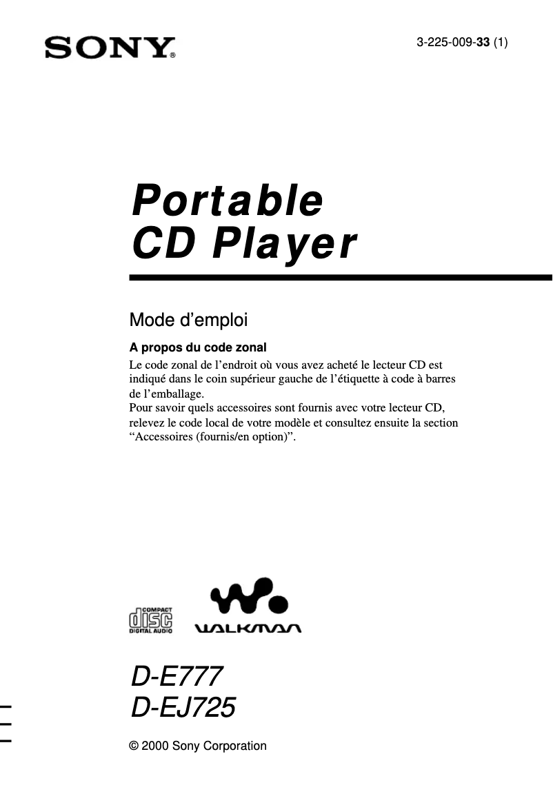 Page n°1 - Manuel utilisateur Sony D-E777