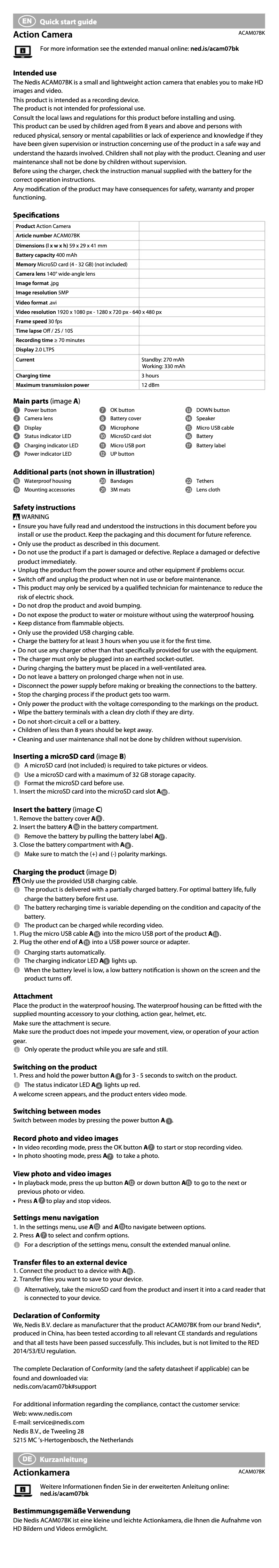 Page 1 de la notice Manuel utilisateur Nedis ACAM07BK