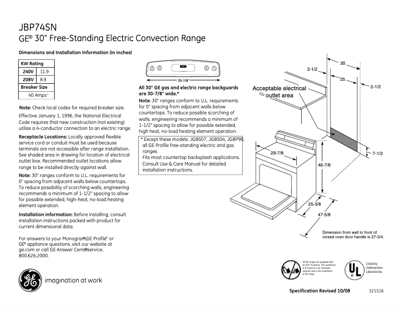 Page 1 of the manual Technical Sheet GE JBP74SNSS
