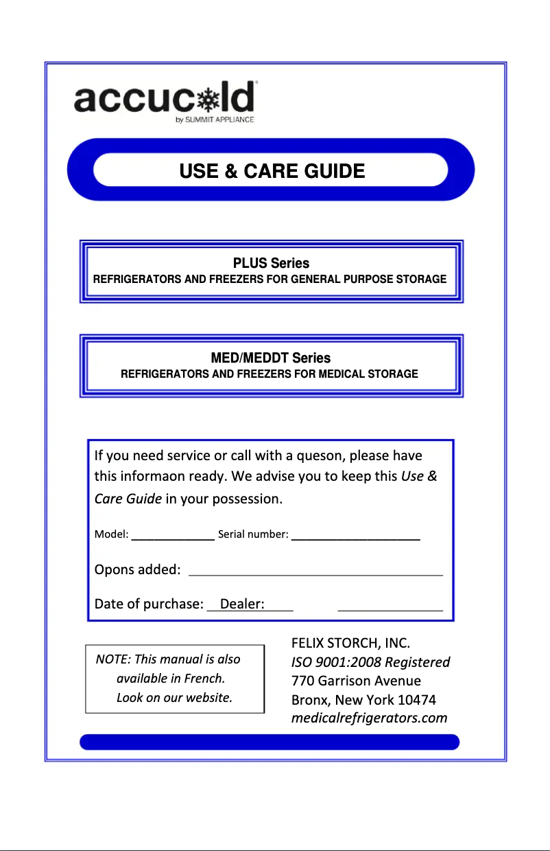 Page n°1 - Manuel d'utilisation et d'entretien Accucold VT65MLMED
