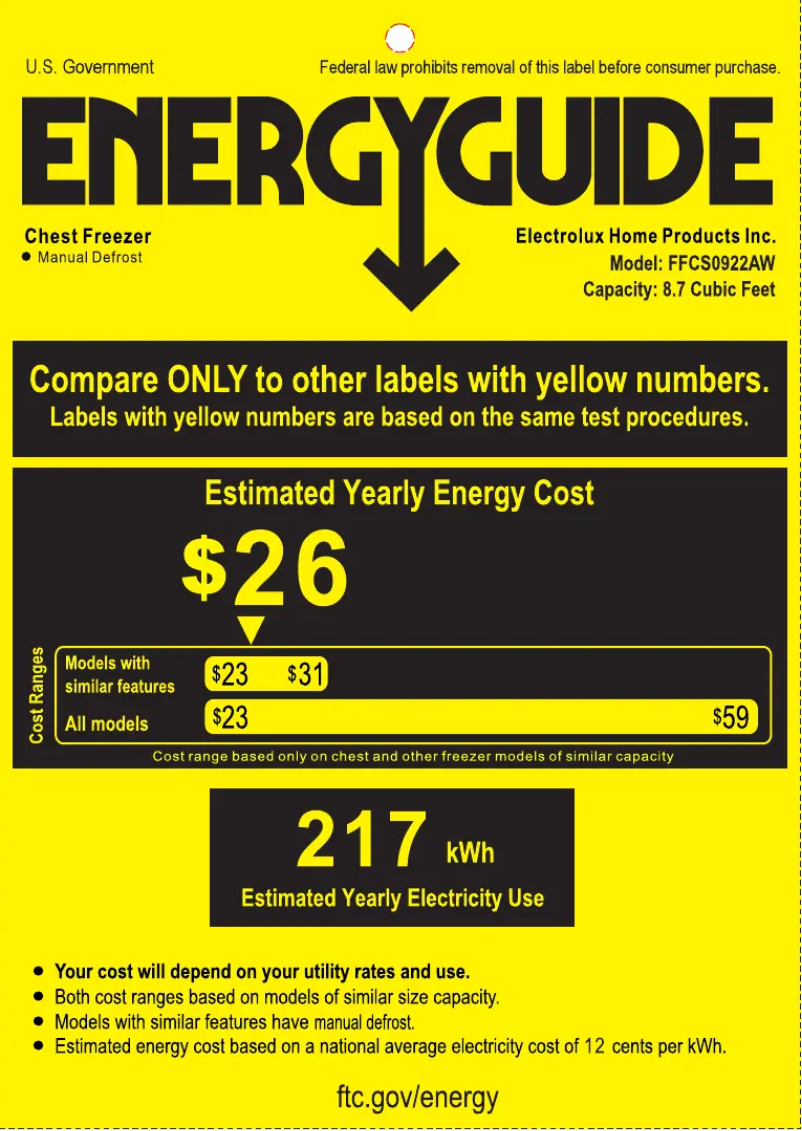 Page 1 de la notice Label énergétique Frigidaire FFCS0922AW