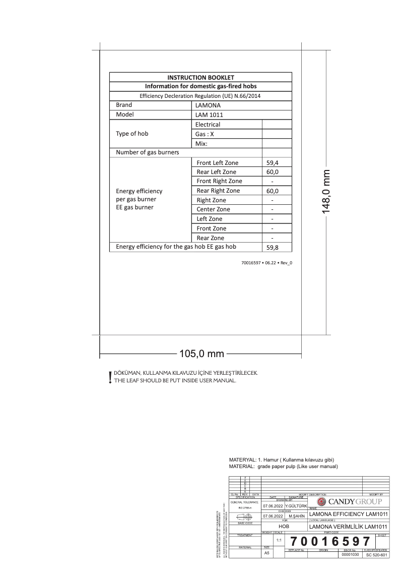 Page 1 de la notice Fiche technique Lamona LAM1011