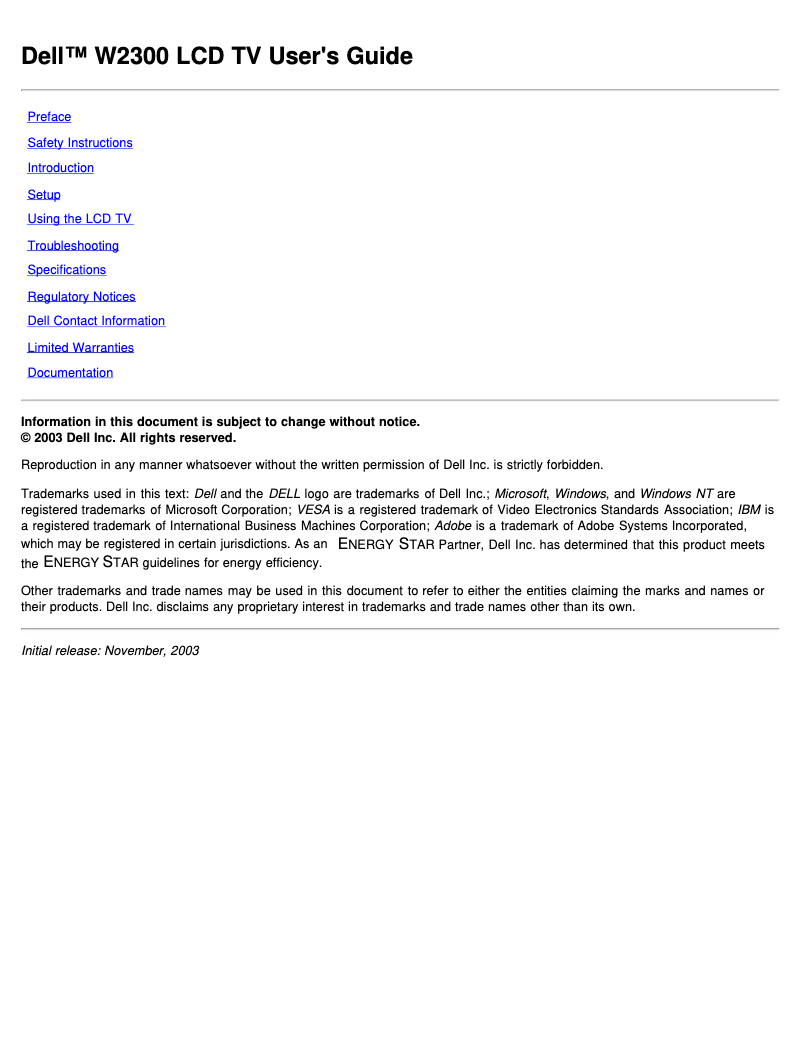 Page 1 de la notice Manuel utilisateur Dell W2300