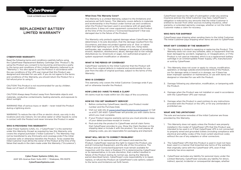 Page n°1 - Informations de garantie CyberPower Smart App Sinewave PR750LCD