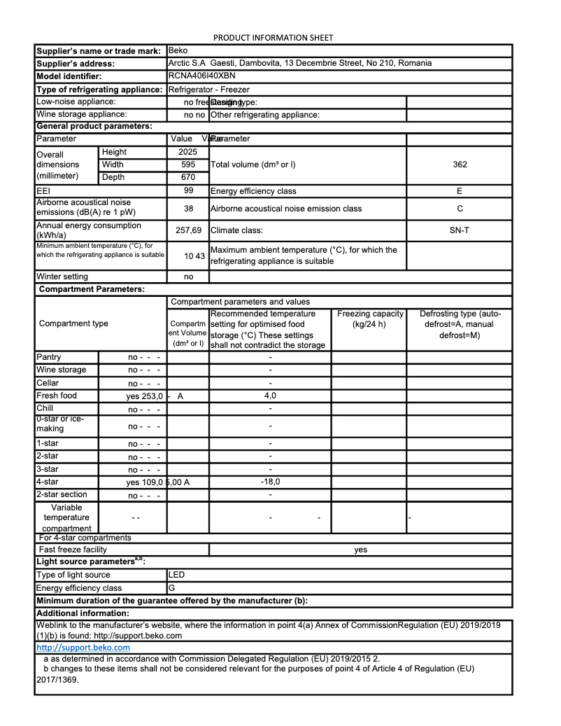 Page 1 de la notice Fiche technique Beko RCNA406I40XBN