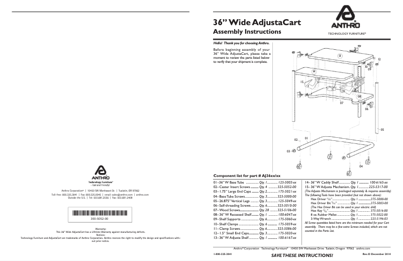 Page 1 de la notice Manuel utilisateur Anthro AdjustaCart