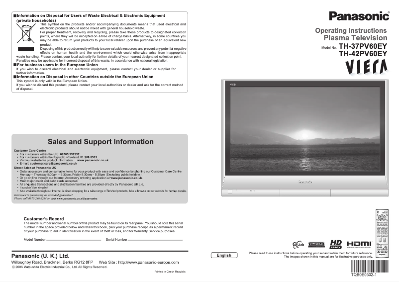 Page 1 de la notice Manuel utilisateur Panasonic TH-42PV60EY