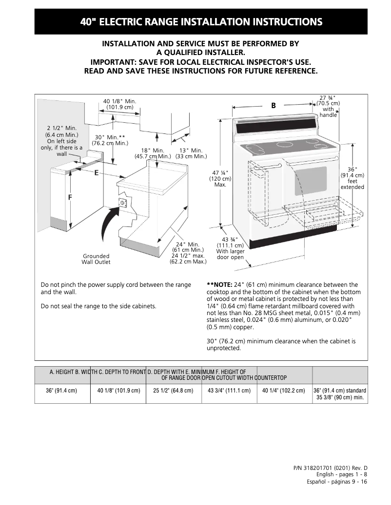 Page 1 de la notice Guide d'installation Frigidaire PLEF489CC
