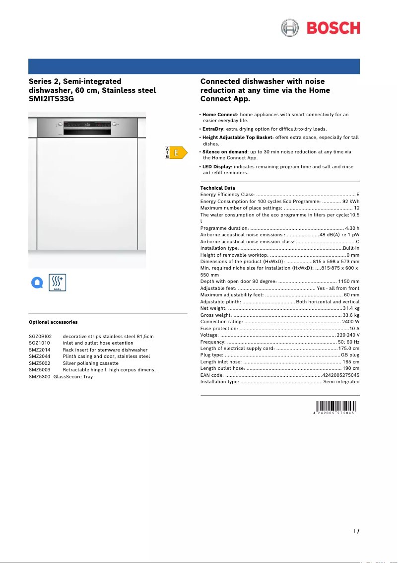 Page 1 de la notice Fiche technique Bosch SMI2ITS33G