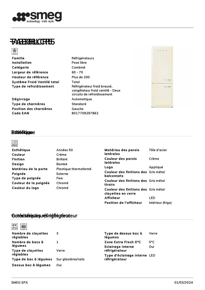Page n°1 - Fiche technique Smeg FAB38LCR5