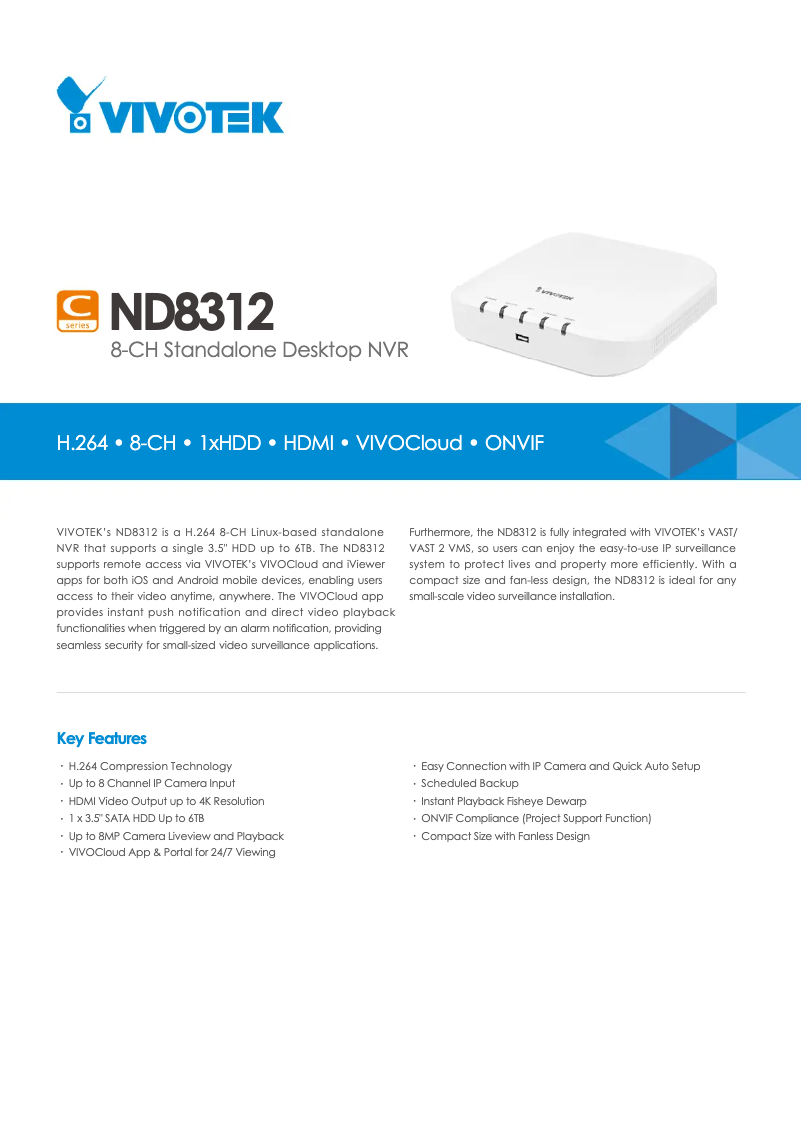 Page 1 de la notice Fiche technique Vivotek ND9312