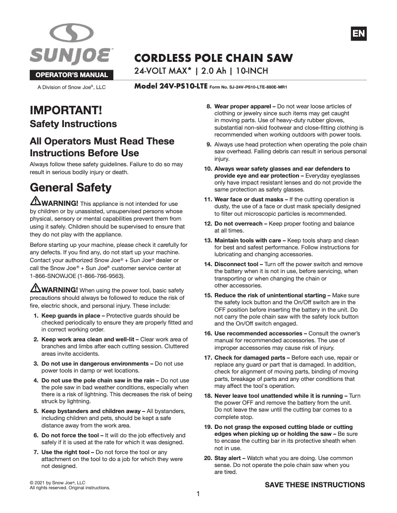 Page 1 de la notice Manuel utilisateur Sun Joe 24V-PS10-LTE