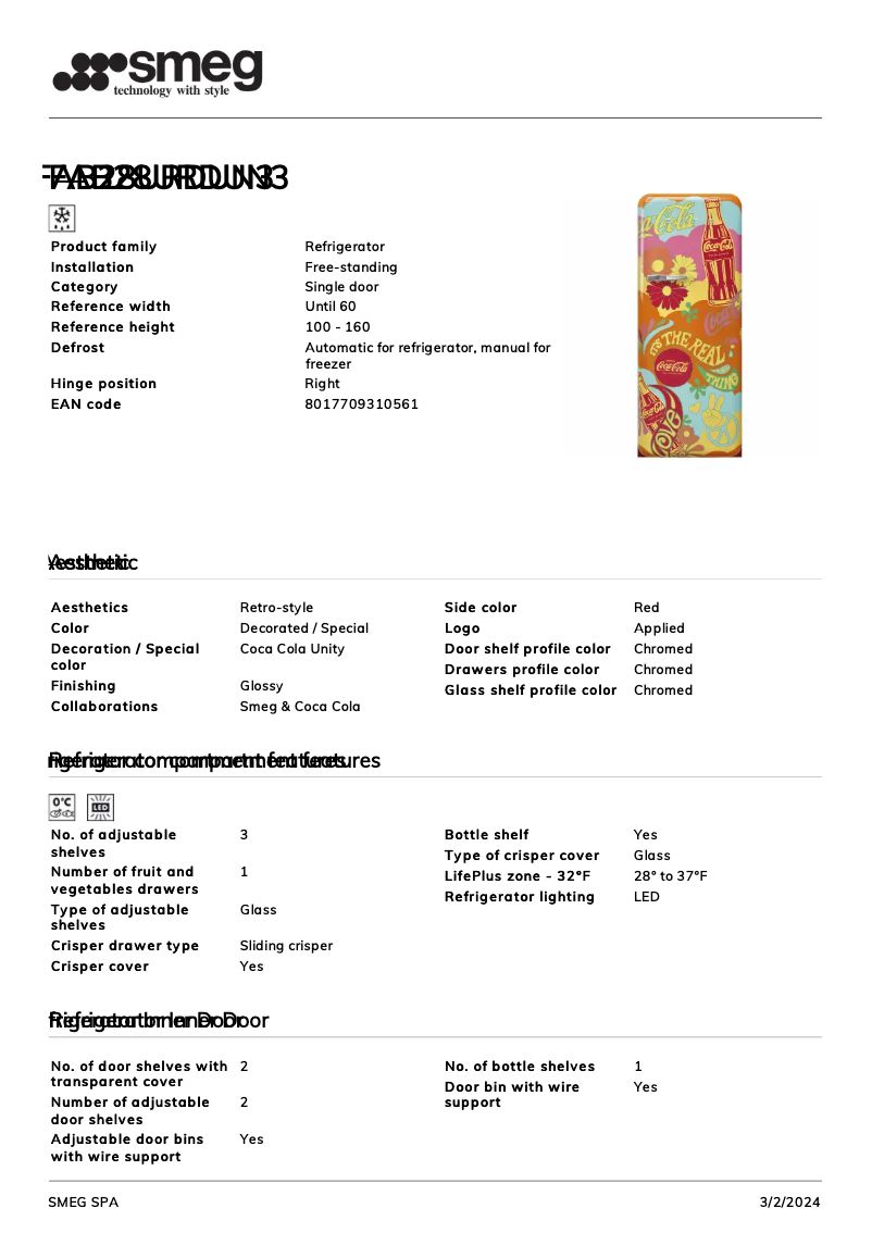 Page n°1 - Fiche technique Smeg FAB28URDUN3