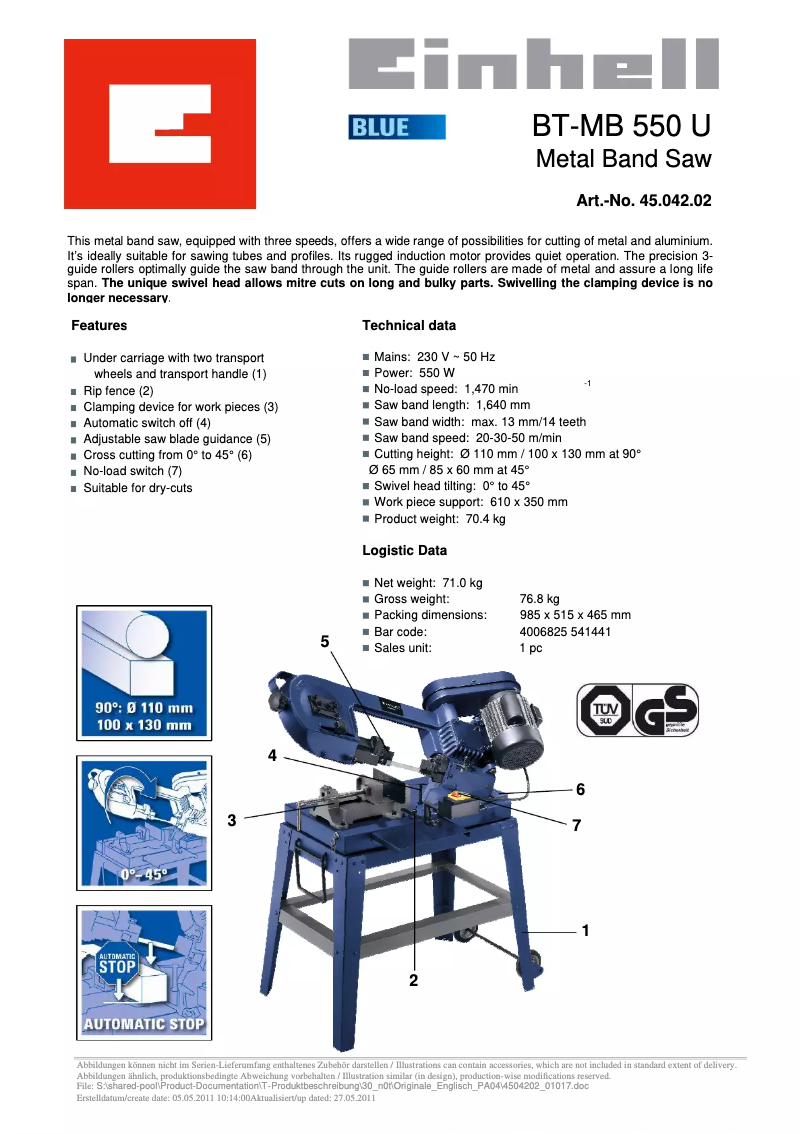 Page 1 de la notice Manuel utilisateur Einhell BT-MB 550 U