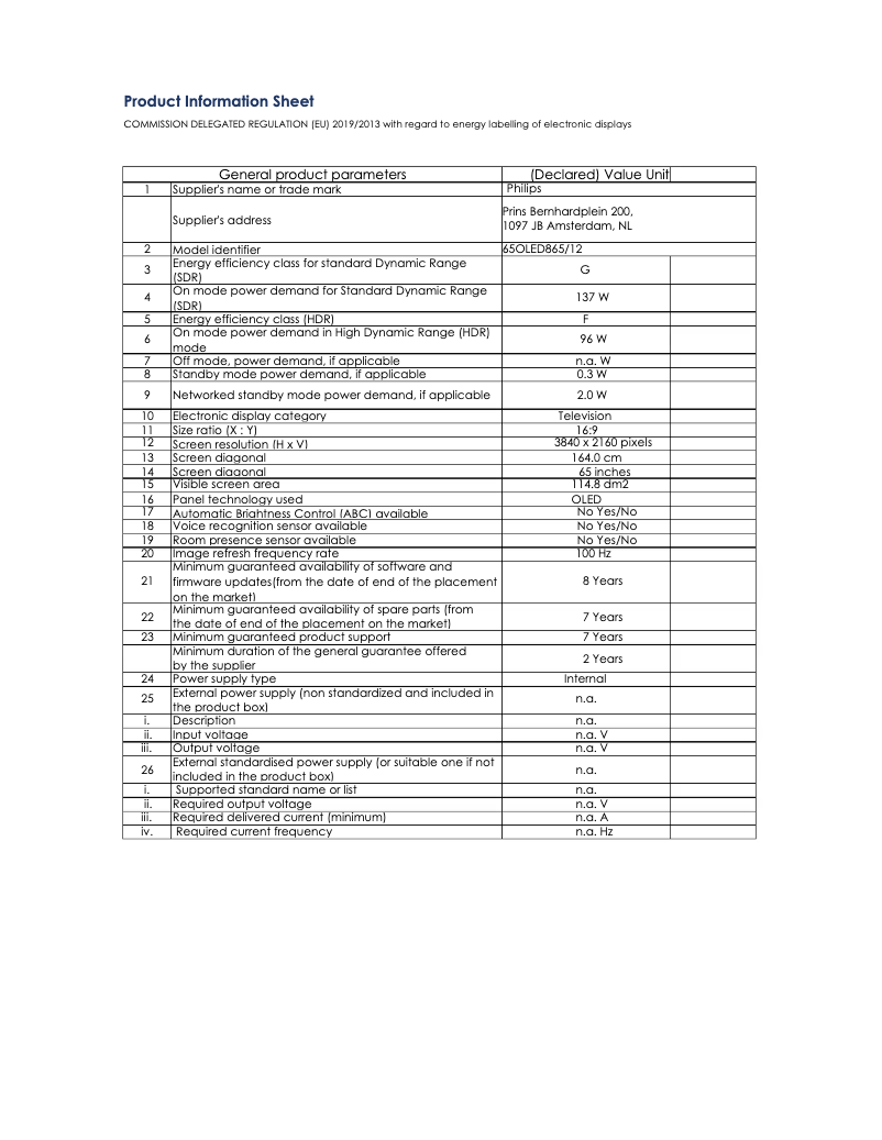 Page 1 de la notice Fiche technique Philips 65OLED865