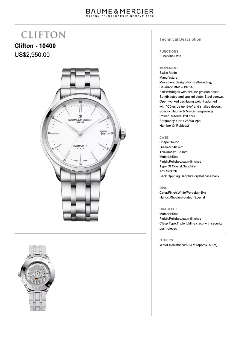 Page n°1 - Manuel utilisateur Baume & Mercier Clifton 10400