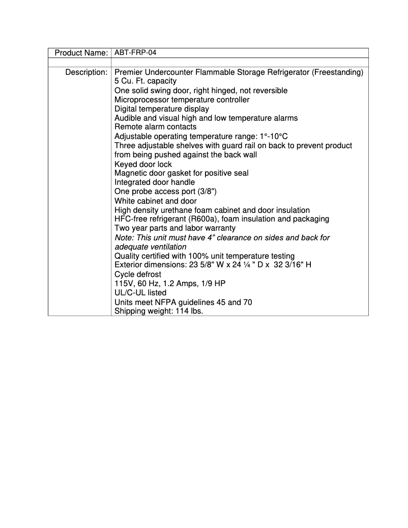 Page 1 de la notice Fiche technique American BioTech Supply ABT-FRP-04