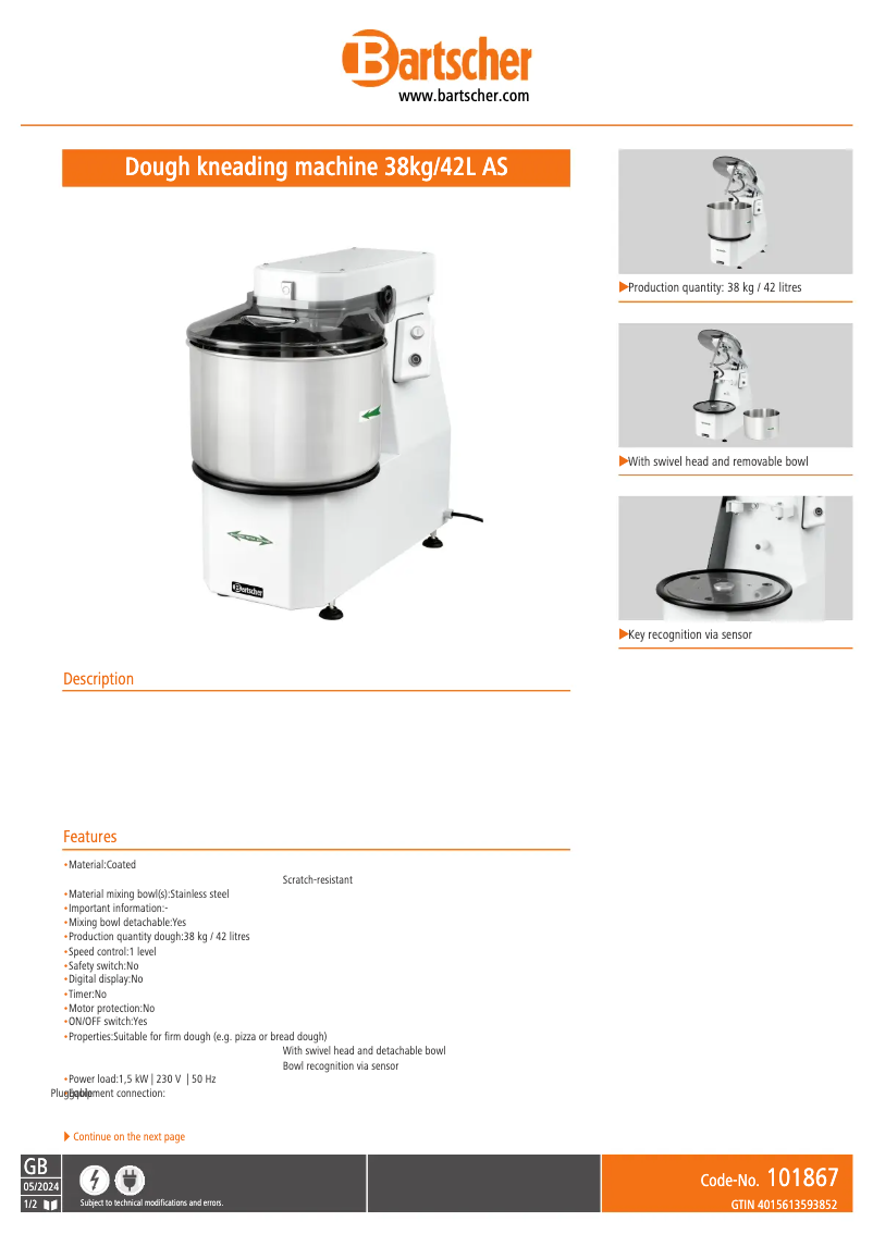 Page n°1 - Fiche technique Bartscher 101867