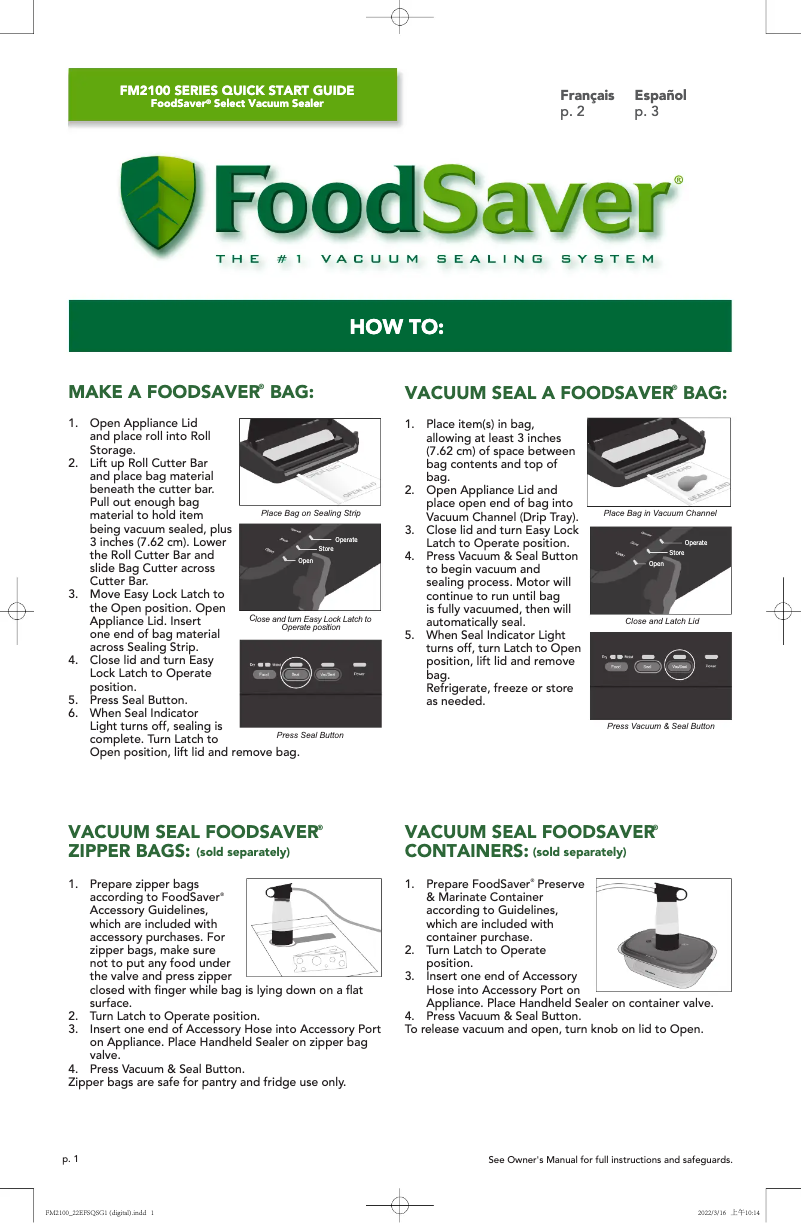 Página 1 del manual Guía de inicio rápido FoodSaver FM2100